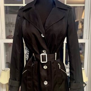Dress Barn established 1962 black rain jacket.  Stylish with gold accents